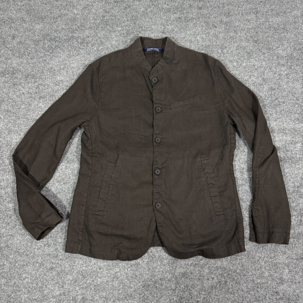 Zara Man Blazer Mandarin Collar Jacket Mens L Brown 100% Linen NWOT